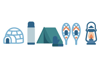 Essential winter outdoor adventure and camping equipment for cold weather featuring igloo, thermos, tent, snowshoes, and lantern