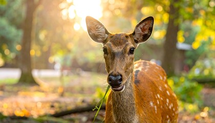 Close-up of a deer eating grass in a sunlit forest