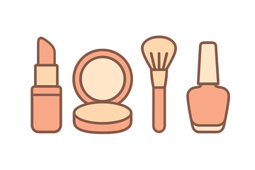 Collection of essential beauty products including lipstick, compact powder, makeup brush, and nail polish