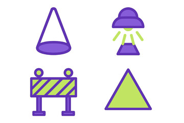 Abstract geometric shapes, a striped construction barrier, and a stylized UFO icon in a vibrant purple and lime green color palette