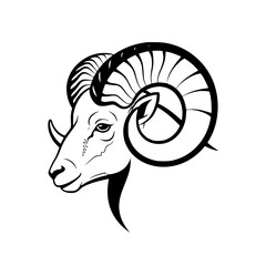 Vector art of black and white ram head logo with curved horns