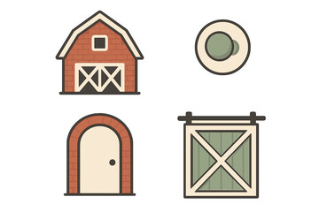 Essential farm structures and entrance designs including a traditional barn, water well, arched door, and sliding barn door