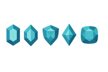 Variety of stylized blue-green faceted geometric gem shapes and jewels in a modern flat design style on a clean white background
