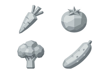 Stylized low poly grey vegetables set with carrot, tomato, broccoli, and cucumber on a clean white background
