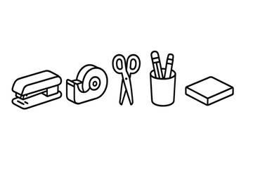 Essential office and school supplies collection featuring stapler tape dispenser scissors pencils and eraser