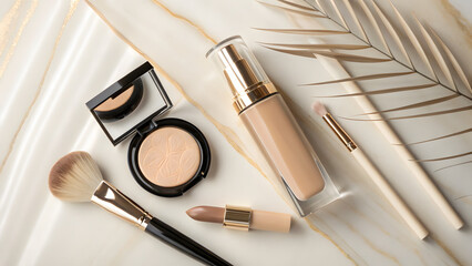 make up brushes, make up accessories, minimalist product display, glam editorial setup, natural beauty theme