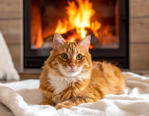 Cozy ginger cat by fireplace