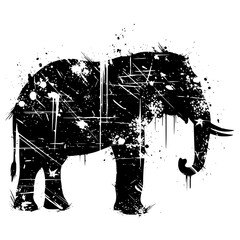 Vector art of abstract black silhouette of elephant with paint splatter design