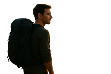Male traveler with backpack standing and smiling in clean closeup style, isolated on white background, concept of hiking and exploration. Ai generative