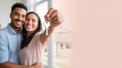 Poster of smiling diverse couple holding a house key against a pastel background, symbolizing new home ownership, mortgage, and happy beginnings.