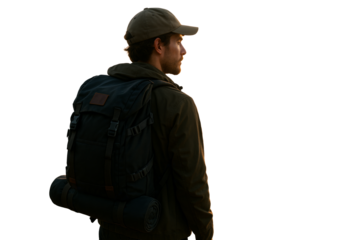 Man in hiking outfit with large backpack and cap, isolated on white background, clean lighting, travel and exploration concept. Ai generative
