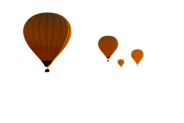 Four orange hot air balloons flying in a diagonal line, isolated on white background, clean cutout style, concept of travel and adventure. Ai generative