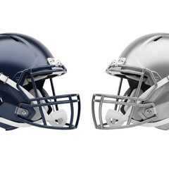 Fototapeta premium Two American football helmets, matte dark blue and metallic silver, facing each other on a transparent studio background with copy space, symbolizing sports rivalry and competition