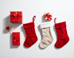 Christmas Stockings and Gift Boxes on White Background