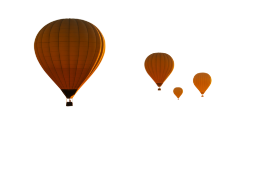 Four orange hot air balloons flying in a diagonal line, isolated on white background, clean cutout style, concept of travel and adventure. Ai generative