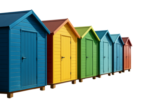 Six colorful beach huts in rainbow colors isolated on a white background, clean layout concept for summer travel and seaside vacation themes. Ai generative