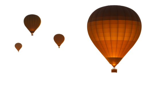 Four orange hot air balloons floating isolated on white background, clean graphic style, symbolizing travel, lightness, and exploration. Ai generative