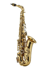 Obraz premium A gleaming golden brass alto saxophone, upright, showing intricate keys and reflective mouthpiece, isolated on a transparent background with no shadows. Product photography concept
