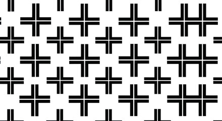 Obraz premium Symmetrical pattern of black crosses and offset bars on white backdrop
