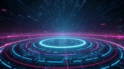 Abstract futuristic digital data stream with glowing neon concentric circles and light trails emanating from center - Powered by Adobe