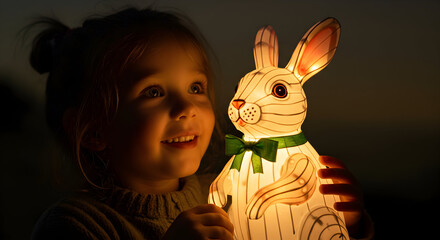 Joyful Young Girl Holding a Glow Lantern in Rabbit Shape during Evening Festival Celebration