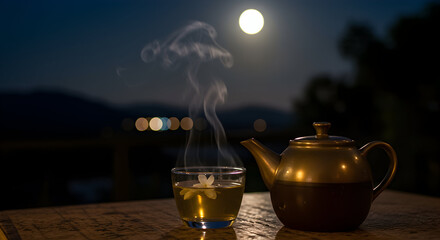 Steaming Herbal Tea Cup and Teapot Under Full Moon in a Serene Night Landscape with Distant City Lights