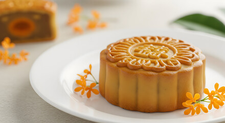 Artisan Mooncake Decorated with Floral Patterns on a Plate Surrounded by Orange Flowers for Mid-Autumn Festival