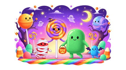 Obraz premium Halloween Fantasy: A whimsical illustration of a vibrant Halloween scene, showcasing adorable, colorful characters and a magical, playful atmosphere. 