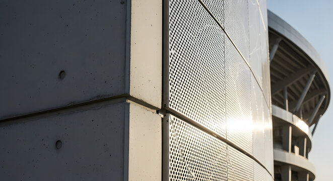 Sunlight Glinting on Perforated Metal Panels of a Modern Building Exterior, Architectural Detail.