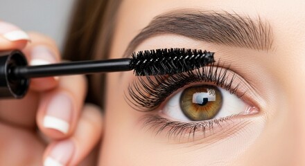 Close-up of a young Caucasian woman applying mascara to her eyelashes. She has long lashes and brown eyes, with a neutral background.