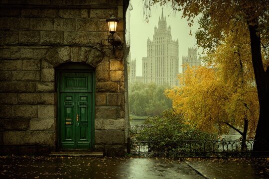 A vintage-style image showcasing a weathered stone building with a deep green door, set against a backdrop of a park in autumn, highlighting a tall, elegant building in the distance. - Powered by Adobe