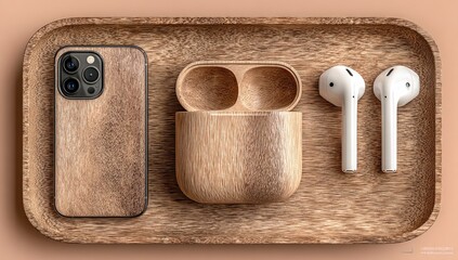 Wooden phone case, earbuds, and charging case arranged on a wooden tray against a muted peach background.  The image is a flat lay, showcasing the natural wood grain
