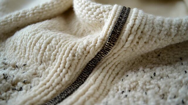 Creamy, knitted sweater detail with zipper, showing texture and warmth, and soft focus