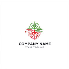 Digital Tree Logo: Green Circuit Branches, Red Organic Roots, Symbolizing Tech and Nature for Company Branding, Flat Vector Elements, Vector Illustration, Simple Vector, Stylized Vector Drawing,