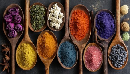 Wooden spoons brimming with vibrant, colorful spices and dried botanicals arranged on a dark surface, showcasing a spectrum of hues and textures
