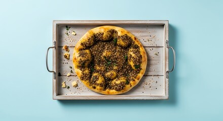 Vegetarian Mushroom and Herb Pizza on Wooden Tray in Light Blue Background