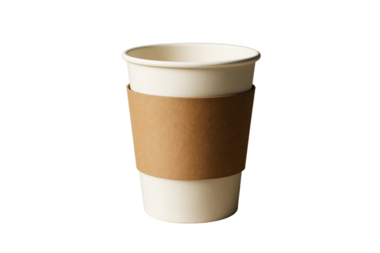 Paper coffee cup with kraft sleeve shown in closeup style on isolated white background. Concept of branding, packaging, and eco design. Ai generative