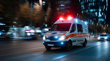 Emergency ambulance vehicle speeding at night with sirens on, concept of urgent healthcare, rescue, and medical response 2026. emergency ambulance speeding night 2026, urgent healt
