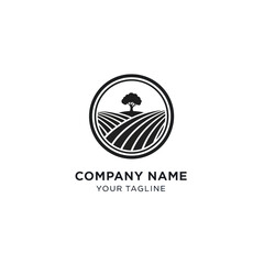 Monochromatic Farm and Field Logo Template with Stylized Tree on White Background - Ideal for Agriculture, Rural Businesses, and Branding, Flat Vector Elements, Vector Illustration, Simple Vector,