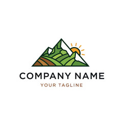 Modern Mountain and Farmland Landscape Logo with Sun and Company Branding on White Background, Flat Vector Elements, Vector Illustration, Simple Vector, Stylized Vector Drawing, Vector Template,