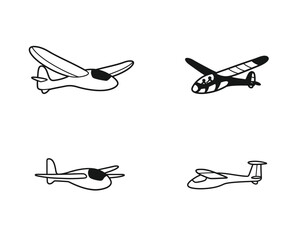 Four simple hand drawn outline illustrations of vintage gliders and small airplanes in a clean white background composition