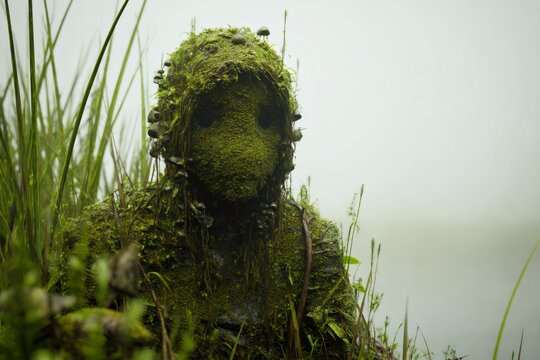 Humanoid figure made of moss and mushrooms blending into a foggy, eerie woodland environment, symbolizing nature's embrace