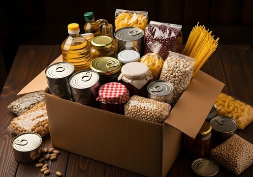 Cardboard box overflowing with assorted pantry staples including pasta, canned goods, grains, and cooking oil, ideal for food donation or grocery concepts.

