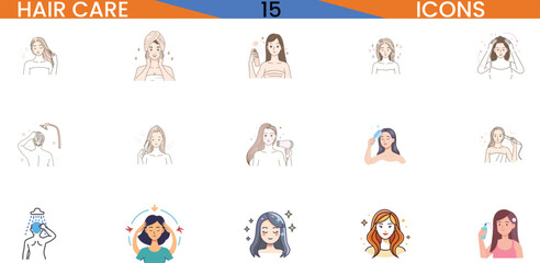 Diverse hair care icons set representing various hair treatments and styles vector