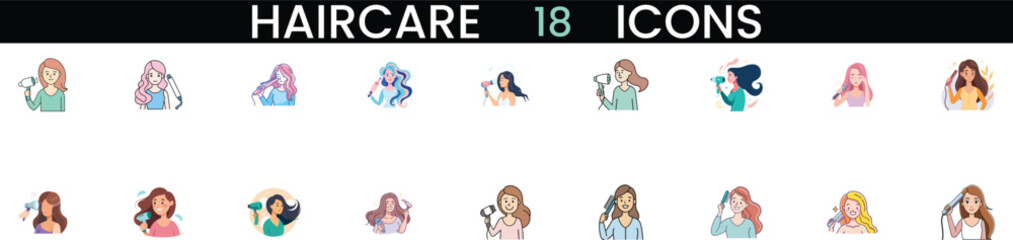 Collection of 18 haircare icons representing salon services and beauty treatments vector