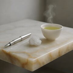 Minimal Tea Moment with Crystal and Pen