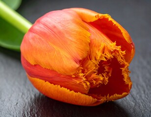Close-up of an orange tulip on dark stone