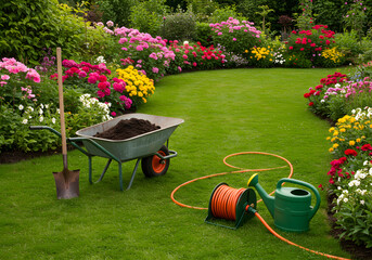 A lush garden with vibrant flowers, a wheelbarrow filled with soil, and gardening tools on a well maintained lawn, creating a serene outdoor space