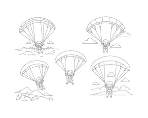Collection of five hand drawn line art illustrations depicting skydivers descending with parachutes over various landscapes including water mountains and clouds