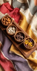 Wooden tray holds four small bowls filled with almonds, white beans, dark chocolate chunks, and colorful candy, resting on a striped fabric